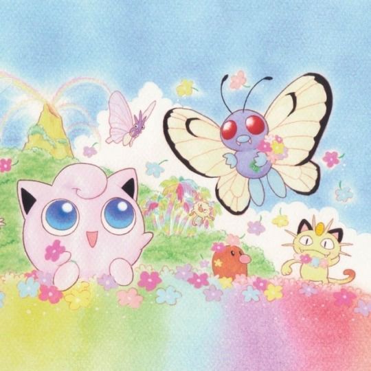 Jigglypuff, Meowth e Butterfree in un prato fiorito